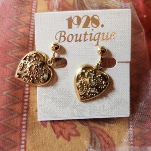 1928 Brand 14Kt gold plated heart marcasite filigree clip on earrings. MADE USA